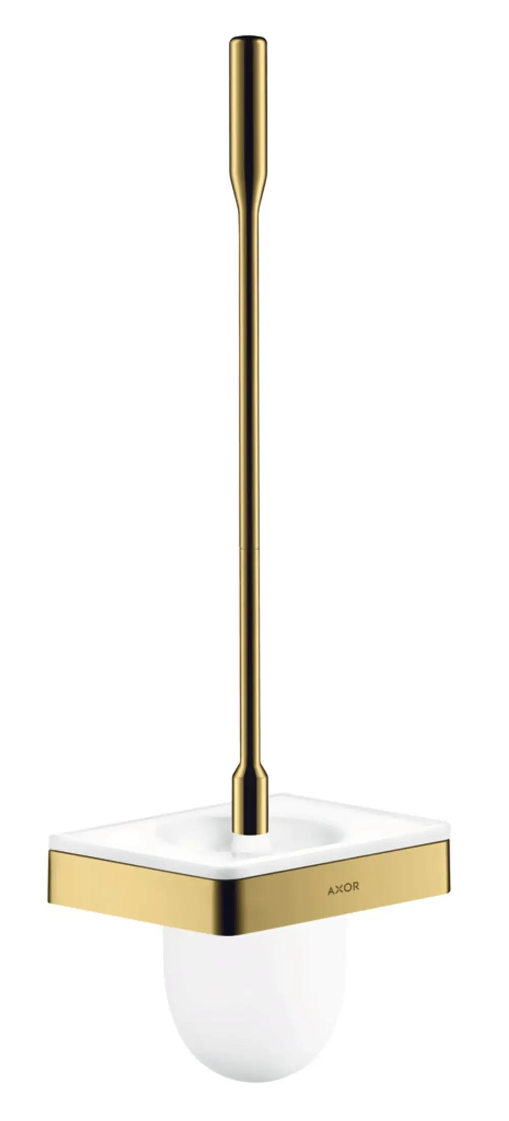 Wandmontierter Toilettenbürstenhalter in Polished Gold Optic von AXOR mit quadratischer Basis und einem glatten, langen Griff.